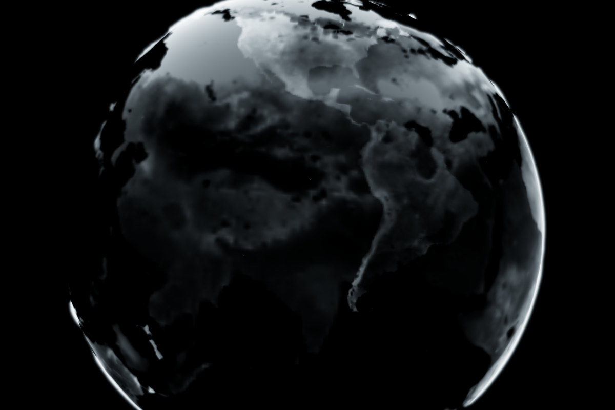Earth as a dim grey sphere against black. Africa and South America are legible as faint pale shapes in a veil of nematode density, and a thin bright rim of light runs along the limb.